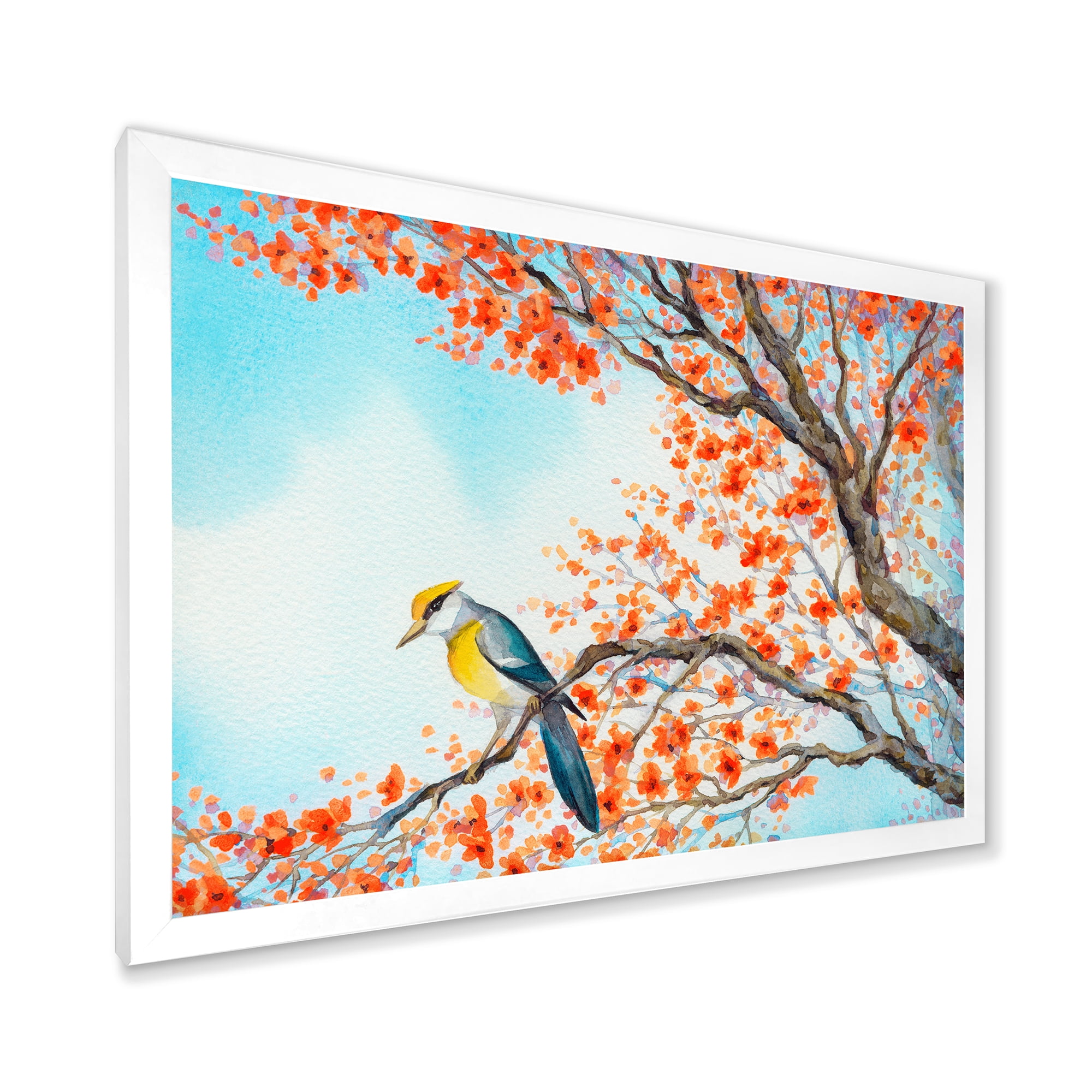 Beautiful Orange Bird Sitting On Flowering Branch 40 in x 30 in Framed Painting Canvas Art Print, by Designart