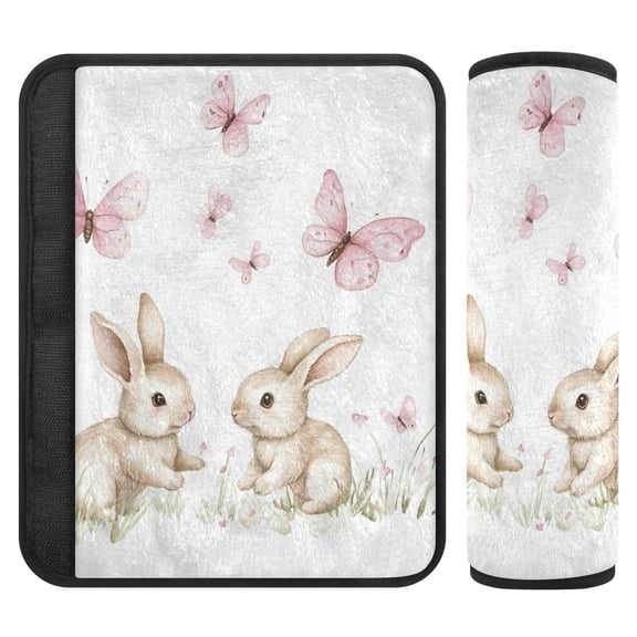 WOBOGO Rabbits Playing with Pink Butterflies Seat Belt Cover 2 Piece Soft Comfort Driving Shoulder Pad Suitable for All Cars and Backpacks