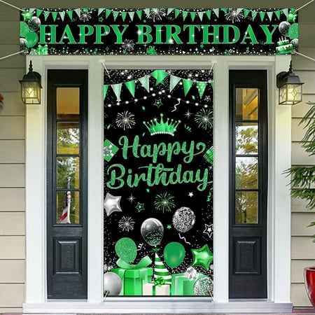 Image of Green Happy Birthday Door Cover and Yard Banner - Green and Black Birthday Decorations Happy Birthday Porch Sign Backdrop Outdoor Photography Background for Boys Girls Men Women Birthday Party