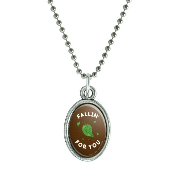 Fallin' For You Falling Leaves Leaf Love Funny Humor Antiqued Oval Charm Pendant with Chain