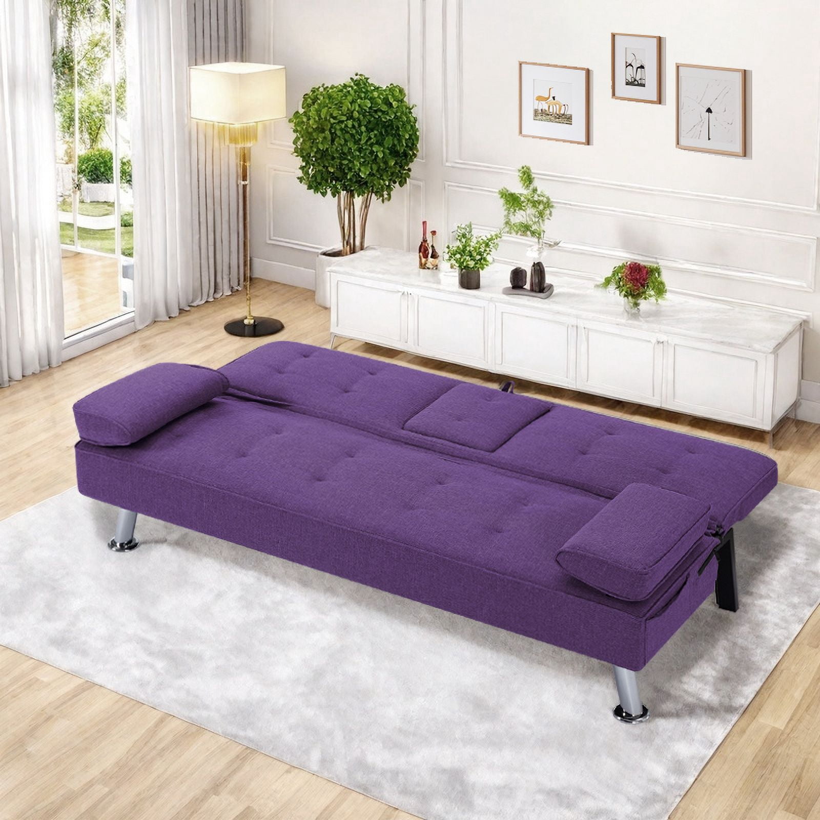 Gewnee Modern Futon Sleeper Sofa Bed Convertible Folding Recliner Couch Furniture with 2 Cup Holders for Livin g Room