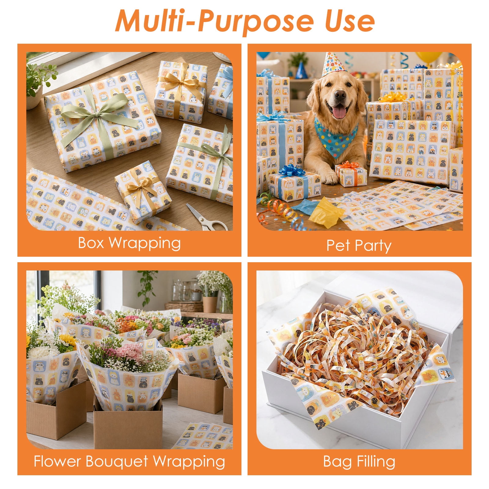 Atopoler 200 Sheet Cartoon Tissue Paper,Cute Animal Floral Preasent Wrap Tissue Paper for Wrapping Crafting Packing,20 x 14 inches,Orange Color