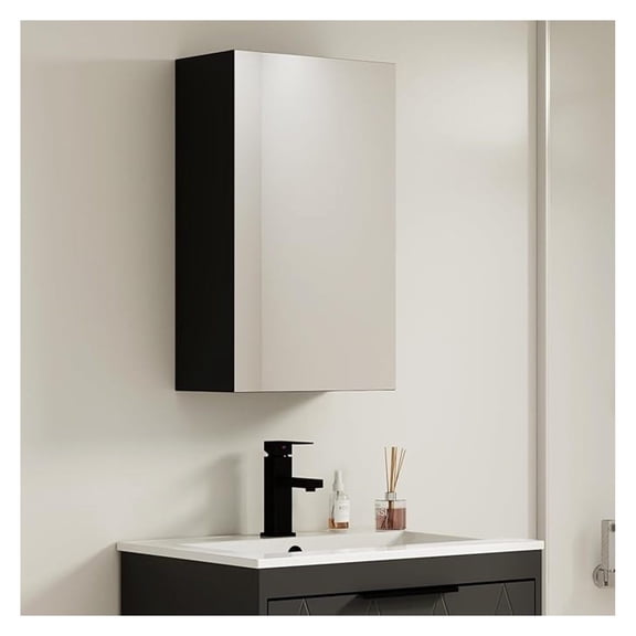 24" Bathroom Medicine Cabinet W/Mirror, Single Door Bathroom Black Wall Mount Mirror Cabinet, Hanging Triple Shelf Storage Cabinet Opens Left and Right