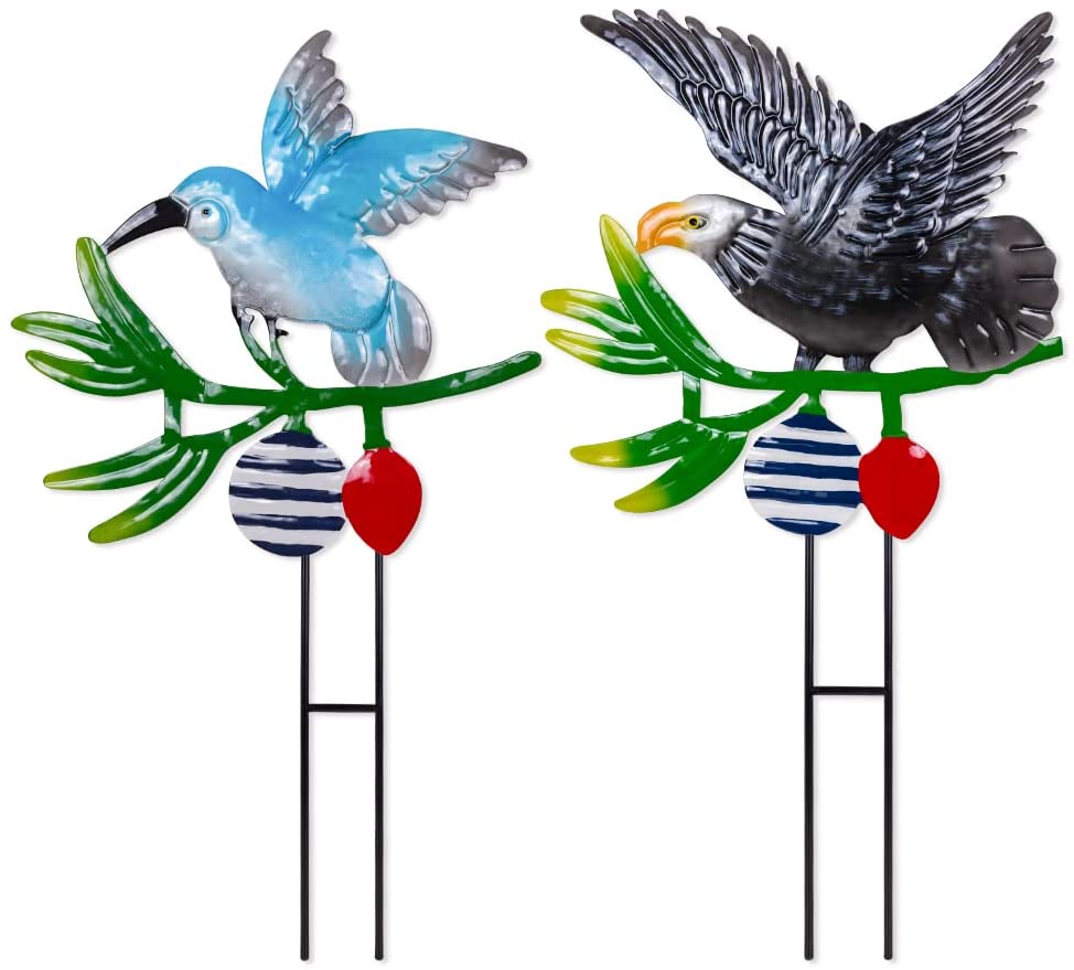 Metal Bird Stakes Hummingbird and Eagle Garden Metal Decorations 2 Pieces Realistic Small Bird