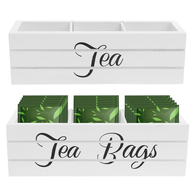2 Pcs Tea Bag Box Wood Tea Bag Organizer with 3 Compartment Decorative Sugar Packet Holder for Kitchen Countertop Office Desk Cabinet-white-