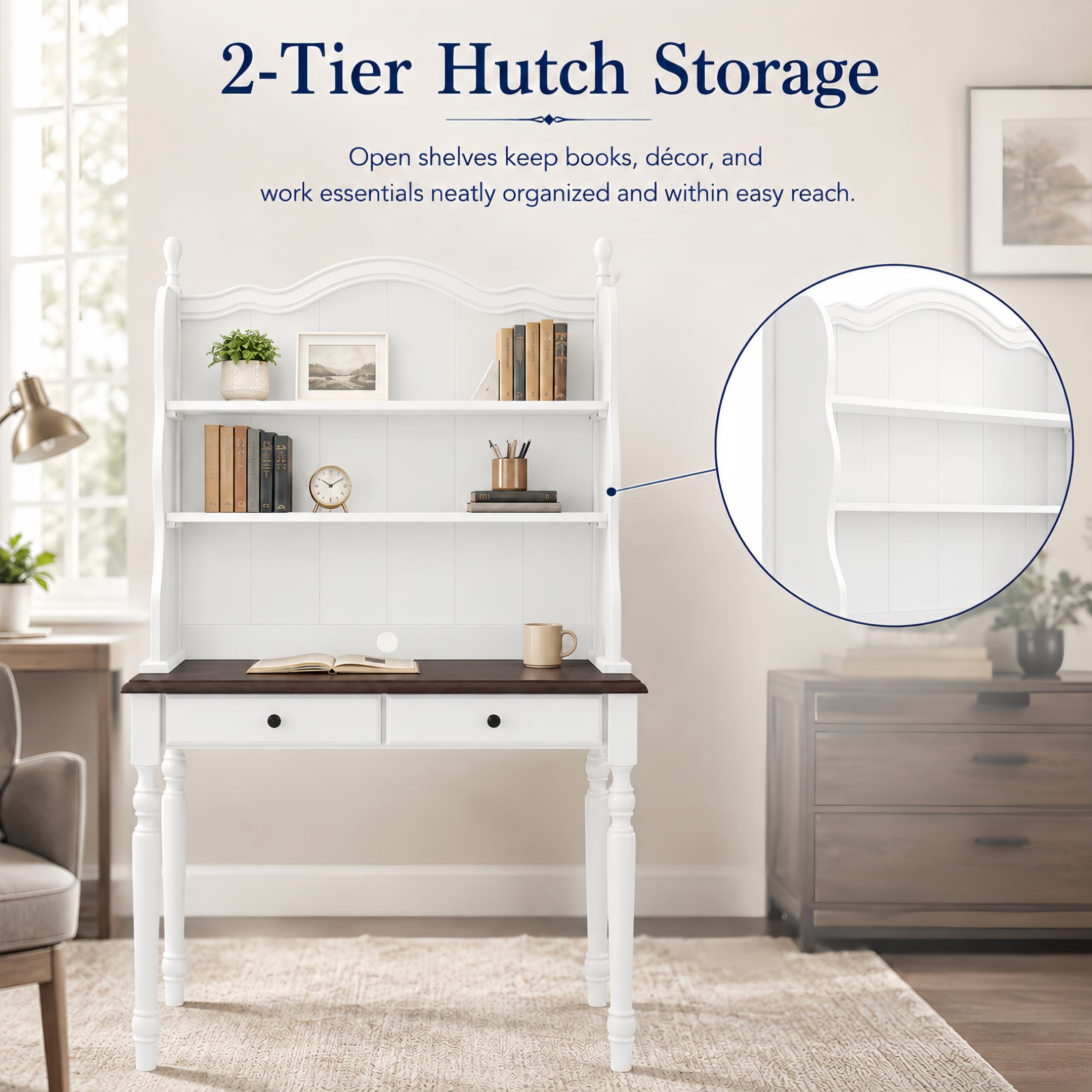 GDF Studio Harper Mid-Century Computer Desk with Storage Hutch & Drawers, Vintage Vanity Desk for Home Office, White