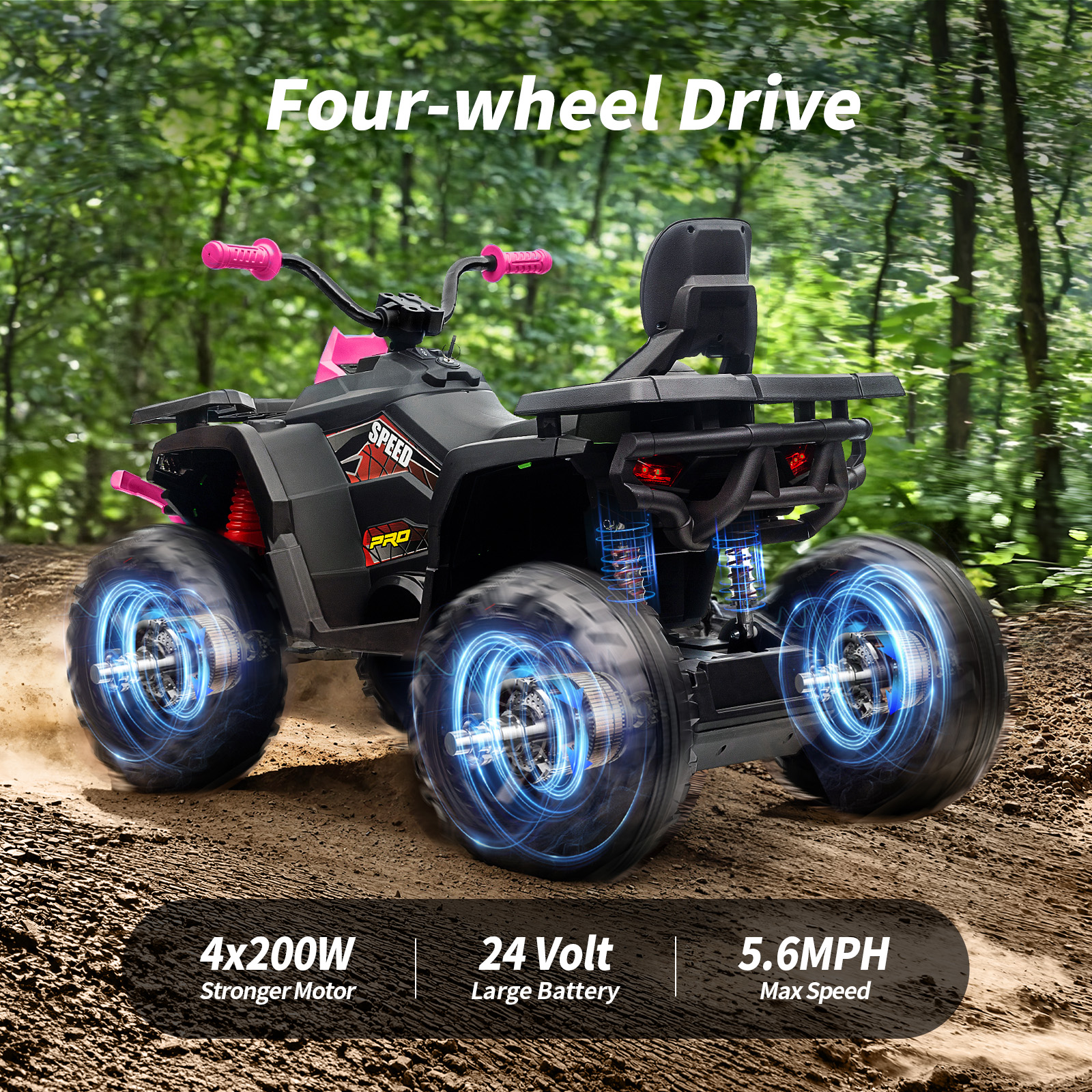 Hikiddo Kids ATV 4-Wheeler, 24 Volt 4WD Ride On Toys for Big Kids w/ 2 Seater, 4x200W Motor, 5.6Mph Max Speed - Rose Pink