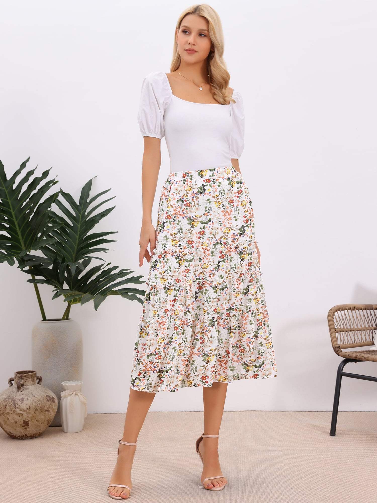 DARING DIVA Women's Floral Chiffon A-line Long Tiered Ruffle Maxi Skirt M Beige-1