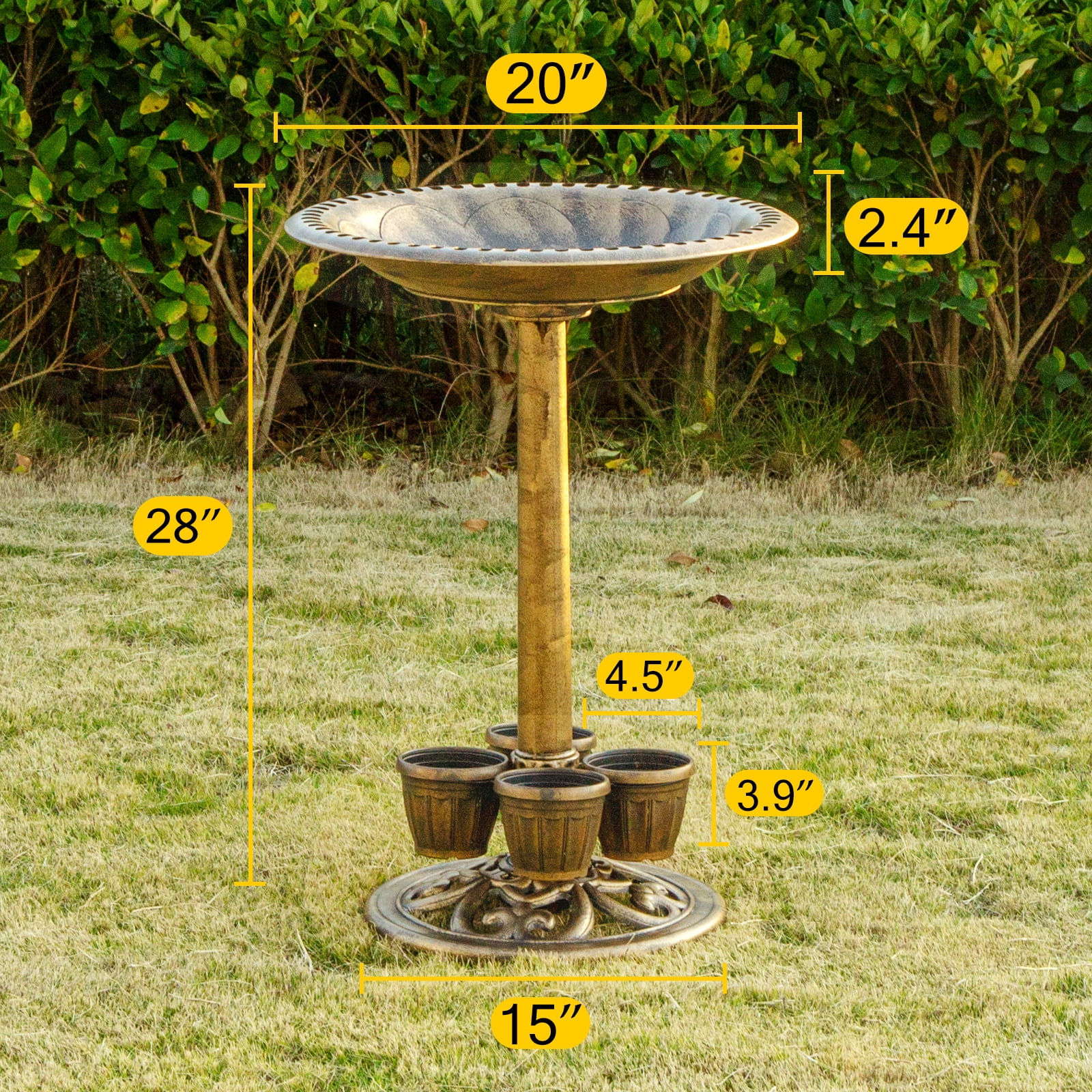 OBENSKY Bird Bath With 4 Planters 28" Height Pedestal Antique Outdoor Garden Decor Vintage Yard Art (Bronze)
