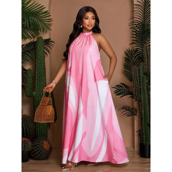 Pink Plus Size Womens Loose Sleeveless Halter Neck A-Line Maxi Dress With Abstract Swirl Print And Side Pockets