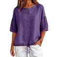 thumbnail image 2 of Helii Women's Cotton Linen Blouse – 3/4 Lantern Sleeve Round Neck Top, Plus Size Loose Fit Tunic with Drawstring Hem, Breathable Summer Shirt for Casual Vacation Dark Purple,L, 2 of 9