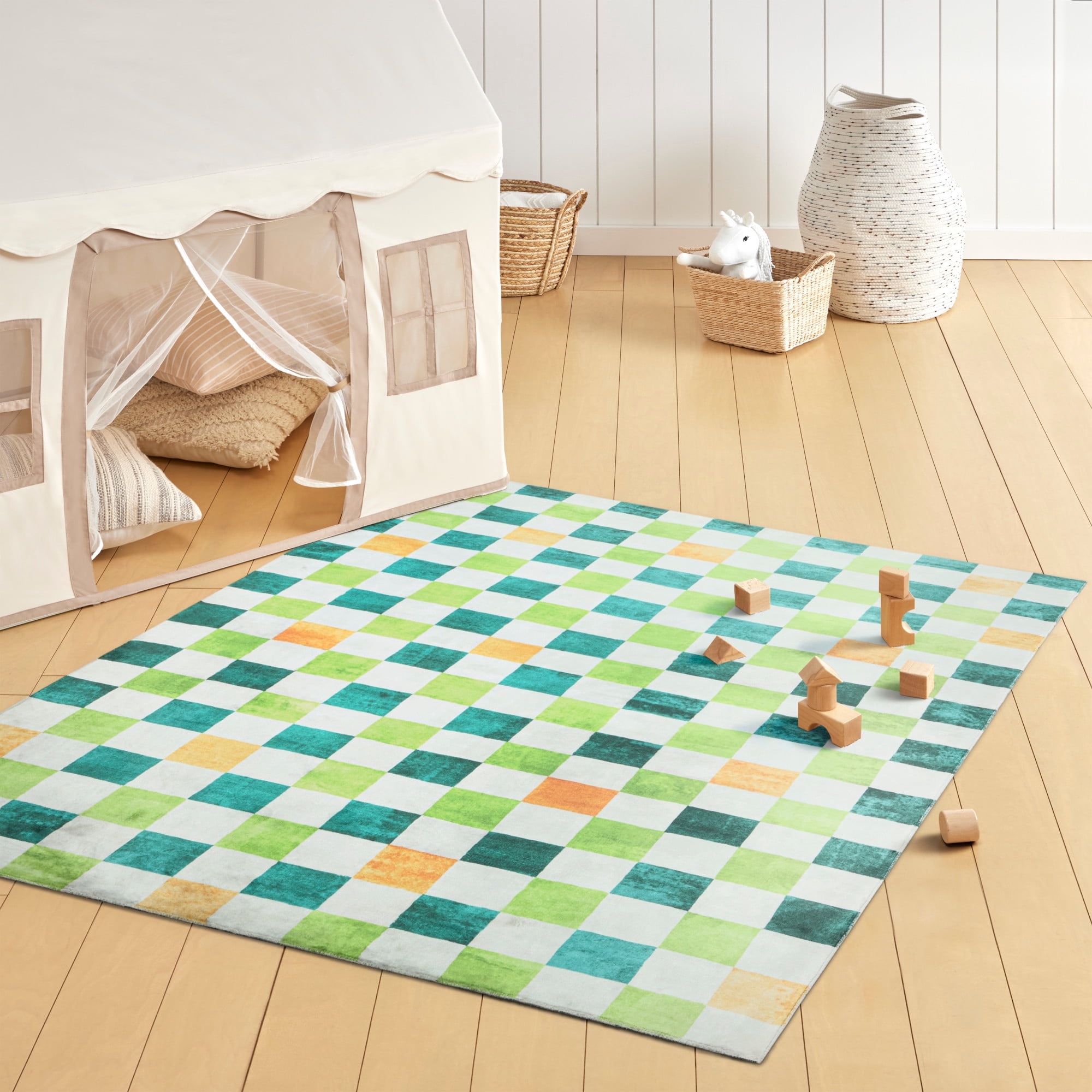 TOWN & COUNTRY PLAY Niko Checkmate Kid's Washable Area Rug, Soft & Plush, Safe Non-Slip Backing, Bedroom Rug, Dorm Decor, Playroom & Classroom Rugs, Green/Multi, 3'3"x5'2"