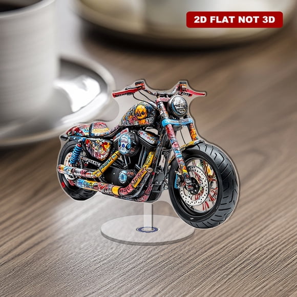 Présentoir Rotatif en Acrylique avec Harley Davidson Sportster avec art graffiti vibrant et Détails Complexes sur Fond Blanc Propre