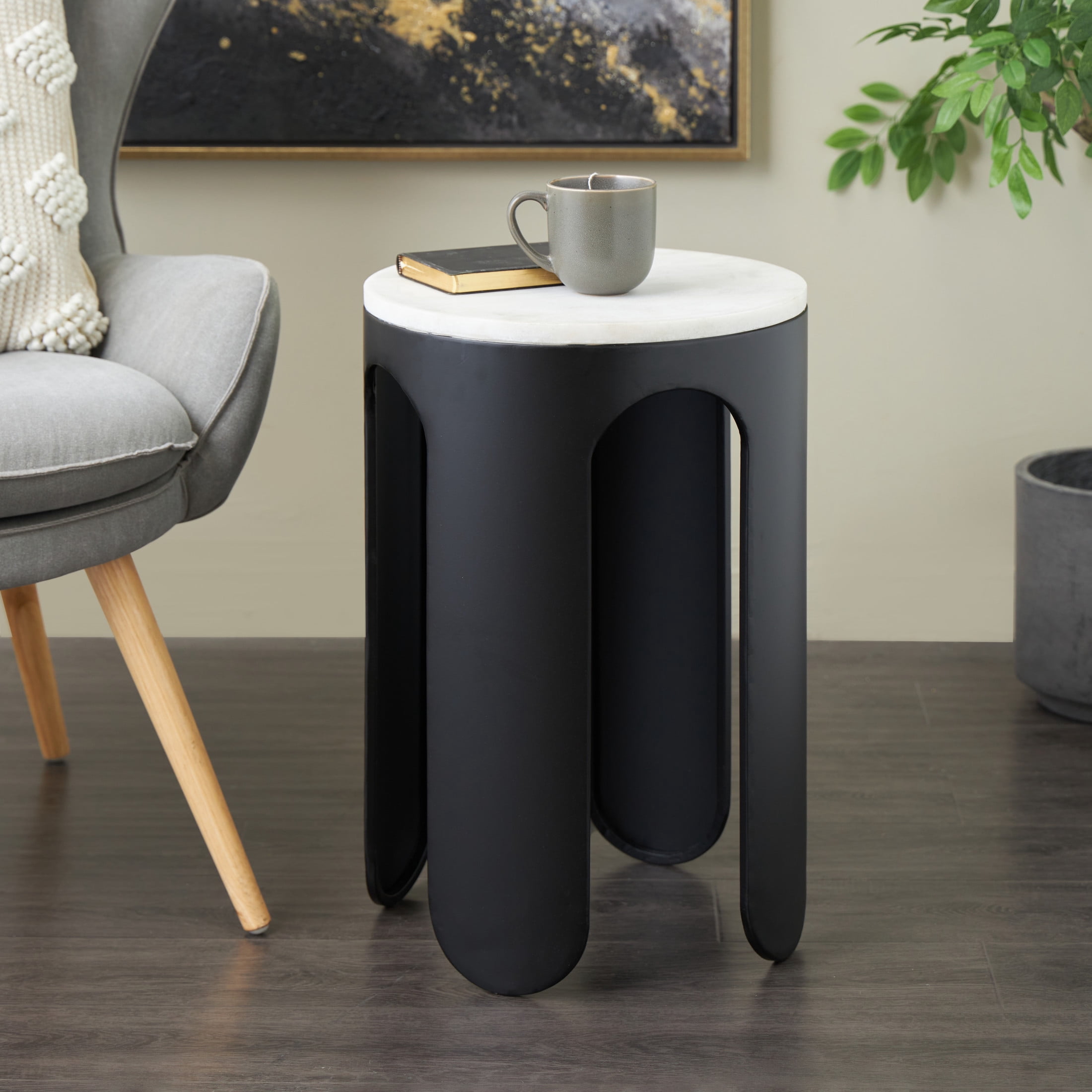 DecMode 15" x 23" Black Metal Round Accent Table with White Marble Tabletop, 1-Piece
