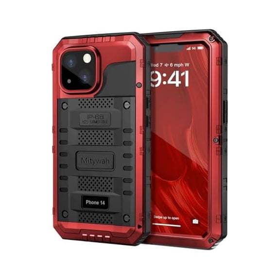 Waterproof Case for iPhone 14, Heavy Duty Shockproof Case with Built-in Screen Protector, Full Body Underwater Protective Metal Case 6.1 inch, Red
