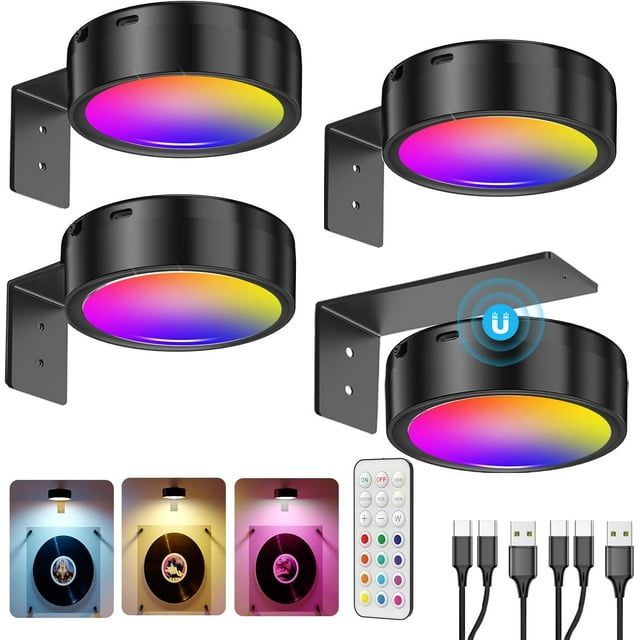 Applique Murale pour image à Batterie de 2600 mAh, Lumière photo Sans Fil rechargeable par USB avec Télécommande, Projecteur DEL à Intensité Réglable avec Aimant et Batterie, Lumière photo à Batterie, Noir-Multicolore