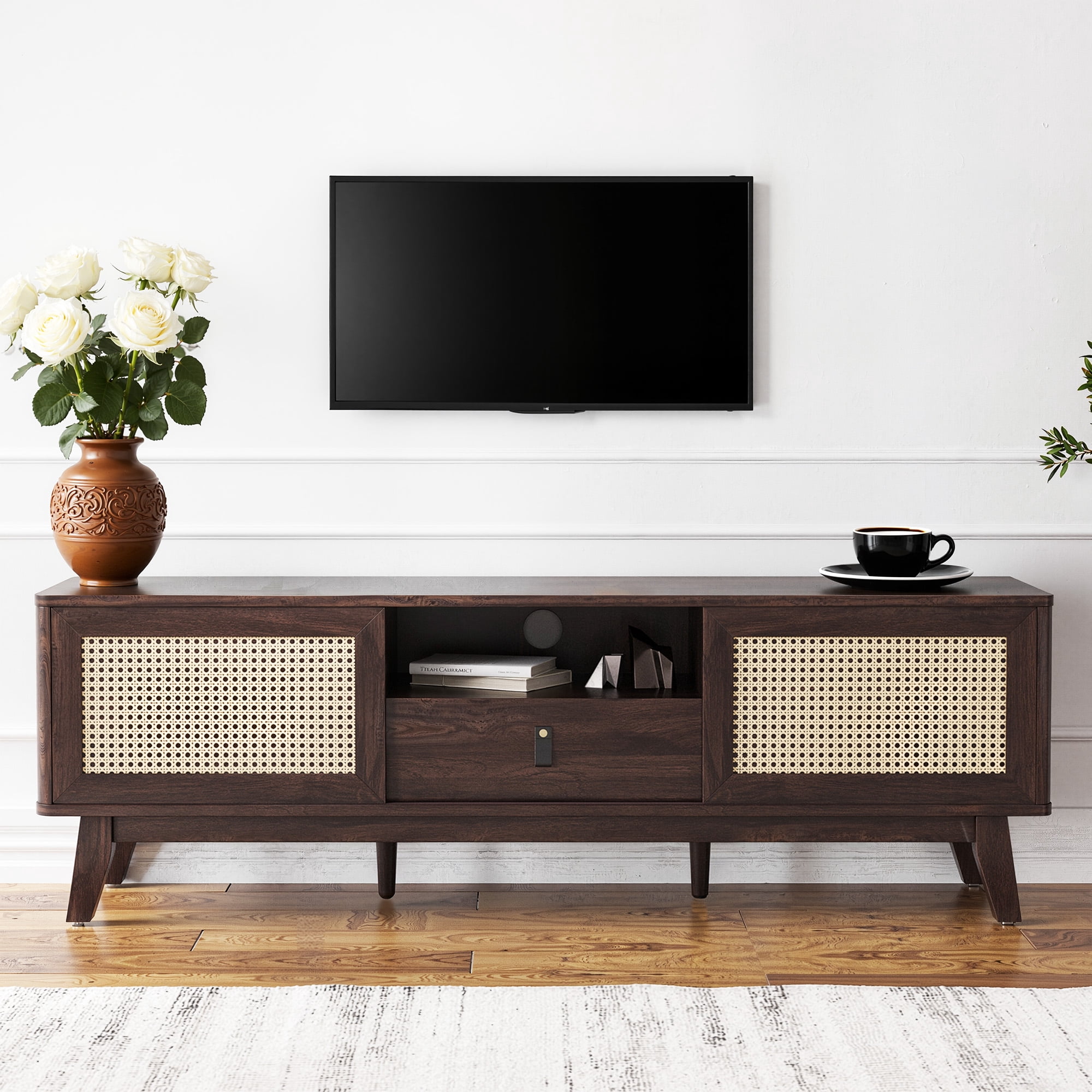 MAYEERTY Walnut 70"Rattan&Wood TV Stand, Boho Media Console with Drawer & 2 Cabinets for Living Room