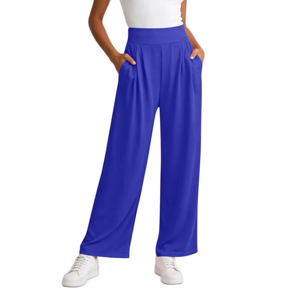 PNTUTB Women's Solid Color High Waisted Relaxed Stretch Waistband Comfortable Wide Leg Pants with Pockets