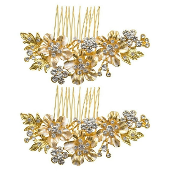 2X Wedding Bridal Hair Combs Vintage Imitation Crystal Hairpins Prom Jewelry Flower Pattern Hair Accessories Women Gold