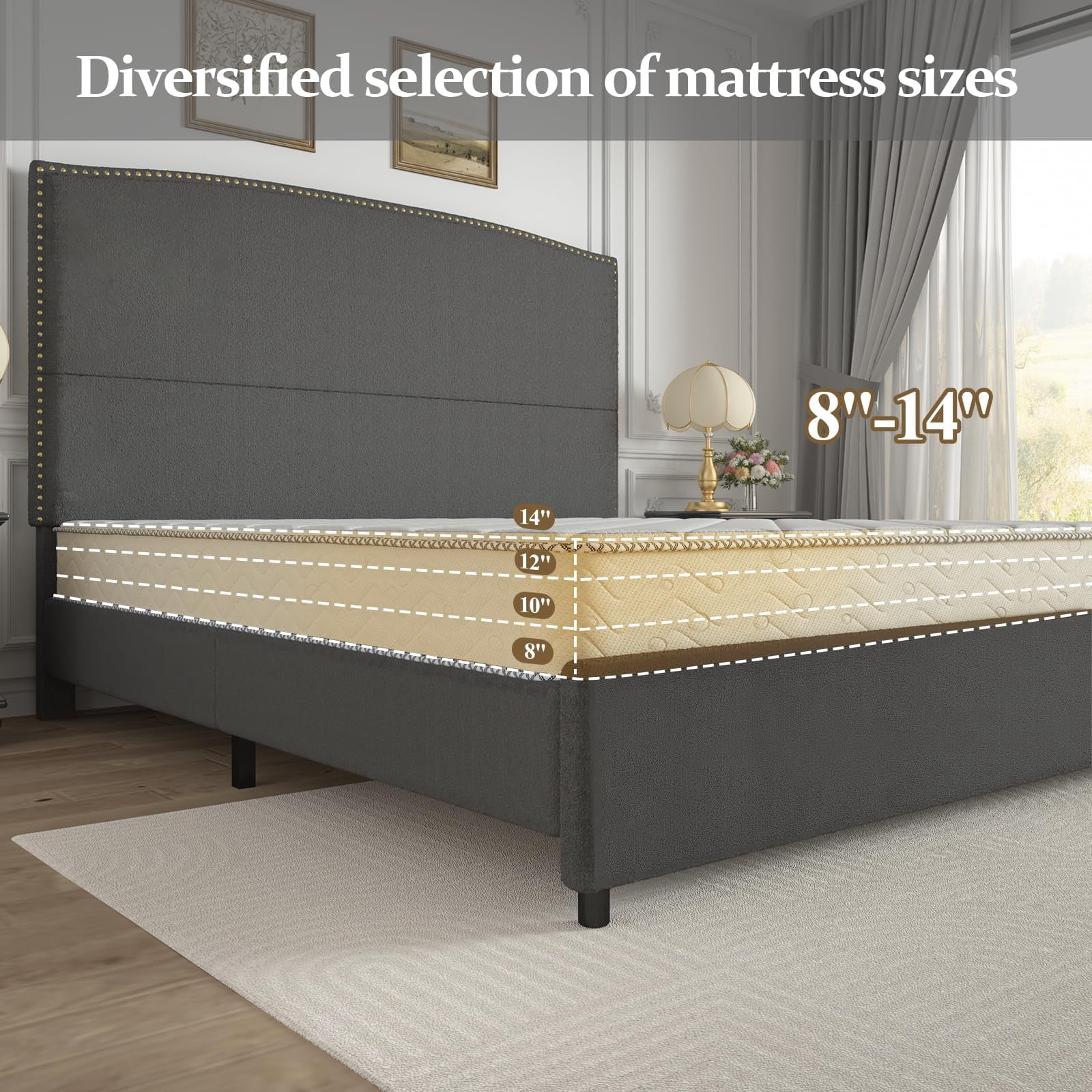 4 EVER WINNER Queen Bed Frame with 56" Tall Headboard, Queen Size Bed Fwith Nailhead Trim Headboard, Queen Upholstered Platform Bed, Grey