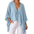 thumbnail image 2 of PEIBang Women's Solid Tie Front Poncho Blouse，Deep V Neck Batwing 3/4 Sleeve Loose Irregular Hem Top for Vacation Outfits, 2 of 9