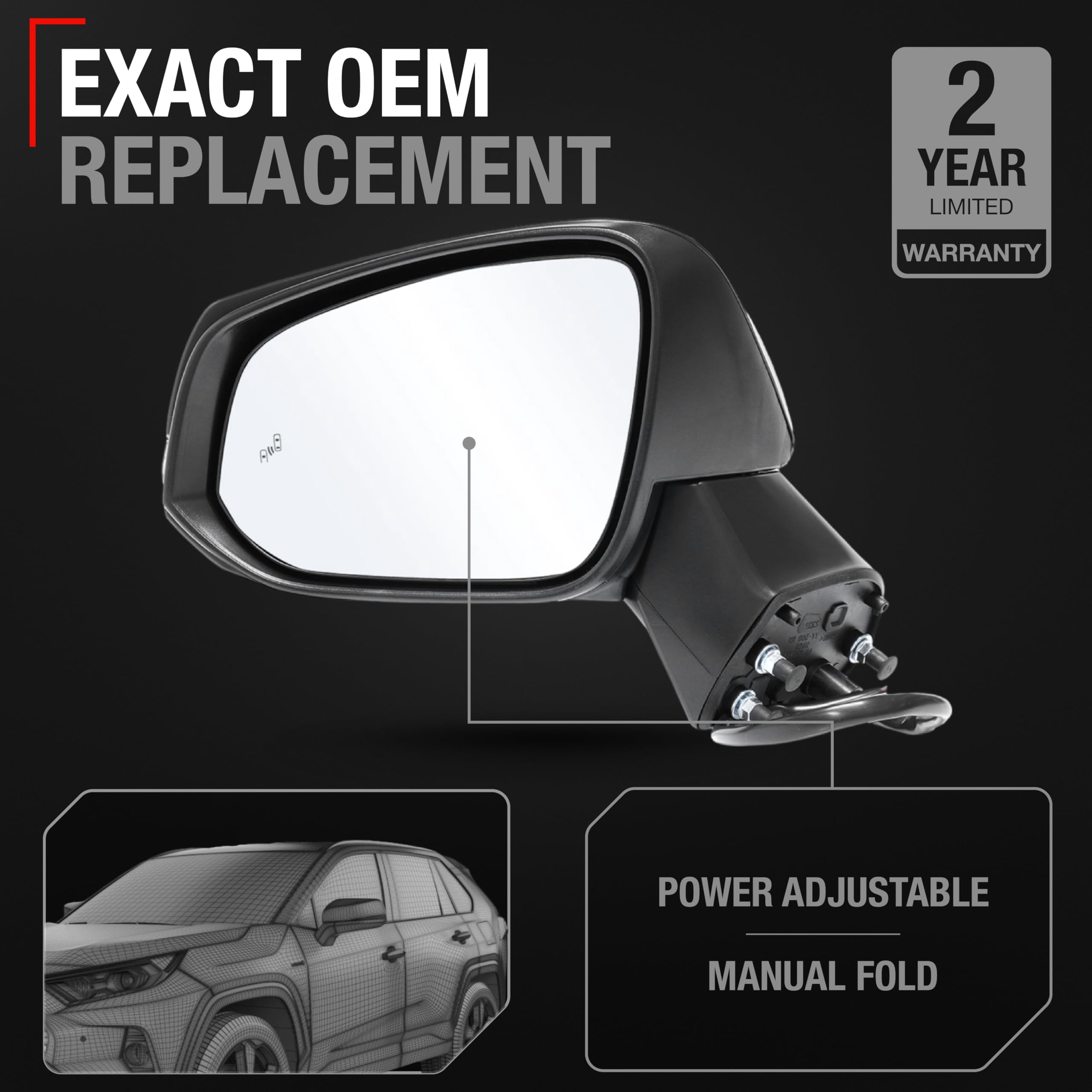 Driver Side Mirror Replacement - Compatible with 2019-2024 Toyota RAV4 - Powered Adjustment, Manual Fold, Heated, Turn Signal, Flat Glass - Smooth Black, 11H8P - OEM 879400R560, TO1320384, TO1320388