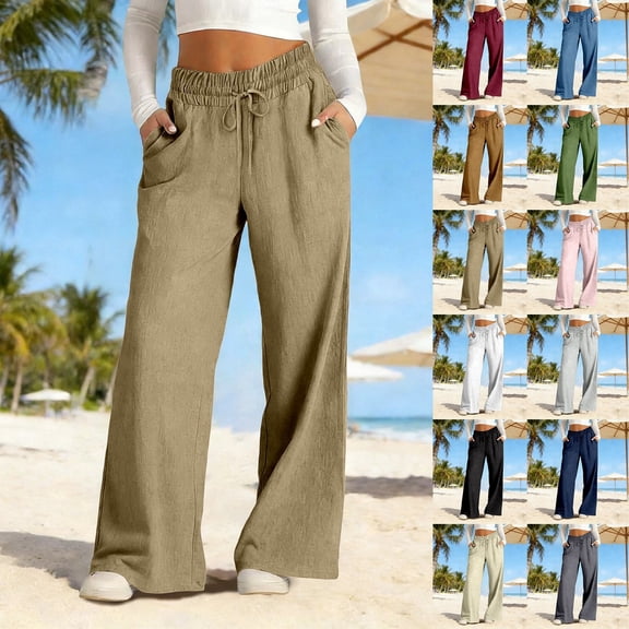 jiaxiM Womens Pants Trendy Elastic Waist Womens Palazzo Pants with Pockets Drawstring Baggy Linen Trousers for Women Cotton Lounge Pants Women Business Casual Outfits