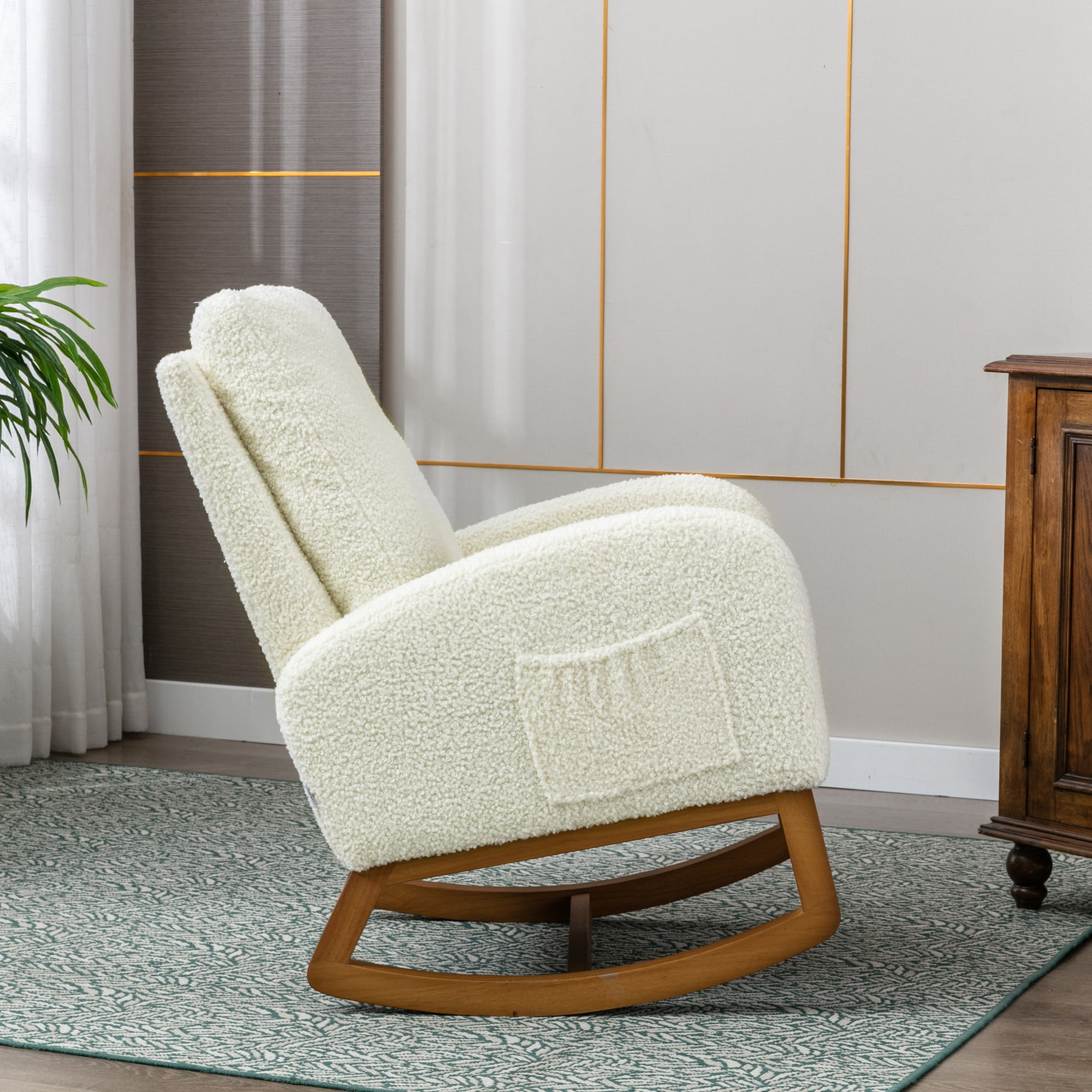 Muumblus Glider Rocking Chair for Nursery, High Back Accent Armchair for Living Room, White Teddy