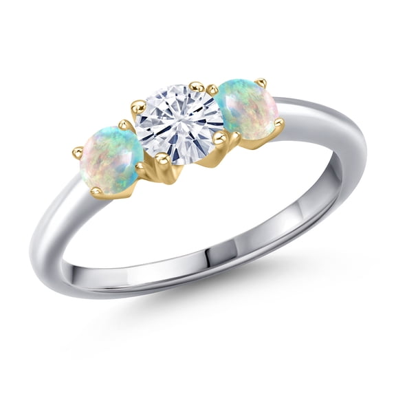 Gem Stone King 10K Two Tone Gold White Moissanite and Simulated White Opal Engagement Ring for Women | 1.00 Cttw | Round 5MM | Gemstone Birthstone | Size 9