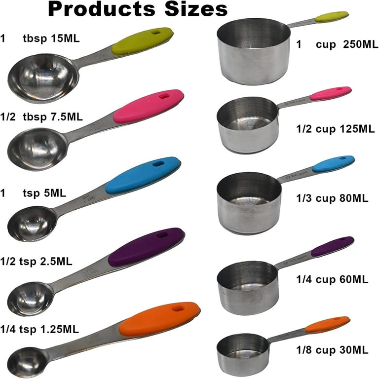 Measuring Cups and Spoons Set of 10 Stainless Steel for Dry and Liquid  Ingredients Including 5 Measuring Cup and 5 Measuring Spoon