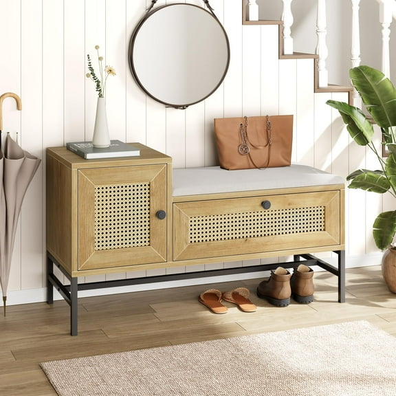 Home Rattan Shoe Bench Entryway Bench with Storage Drawer and Cabinet, Wooden Storage Bench with Linen Seat Cushion, for Hallway and Bedroom