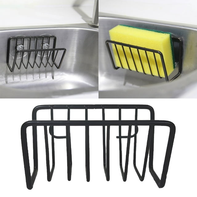 Oleegame 1PC Spoon And Lid Rest Kitchen Sink Storage Organizer Caddy Small Holder For Sponges Soaps Scrubbers Quick Drying Open Wire Basket With Strong Suction Cups Ronde Collection Black