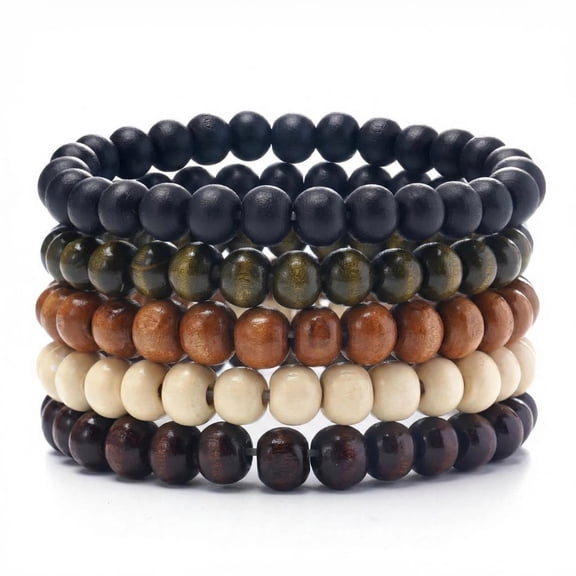 ELE. MARKET Wooden Beaded Elastic Bracelet for Men and Women, 5 Pcs, 5 Colors