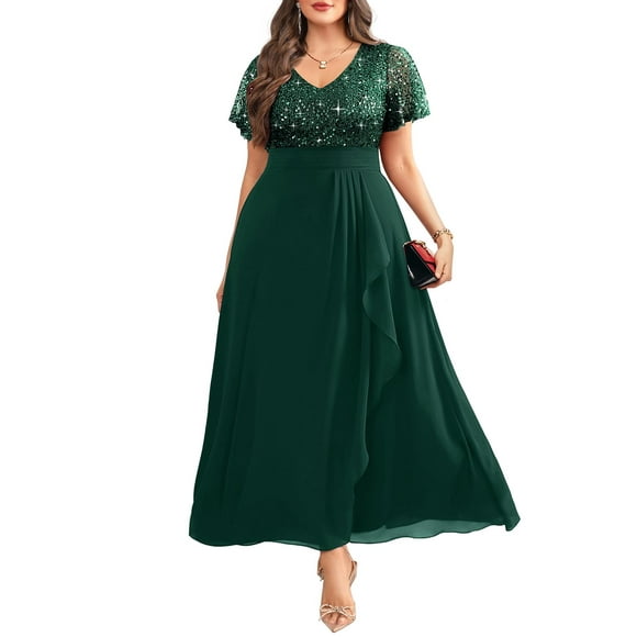 Vestido Pinup Fashion verde con lentejuelas y gasa, cuello en V, talla grande