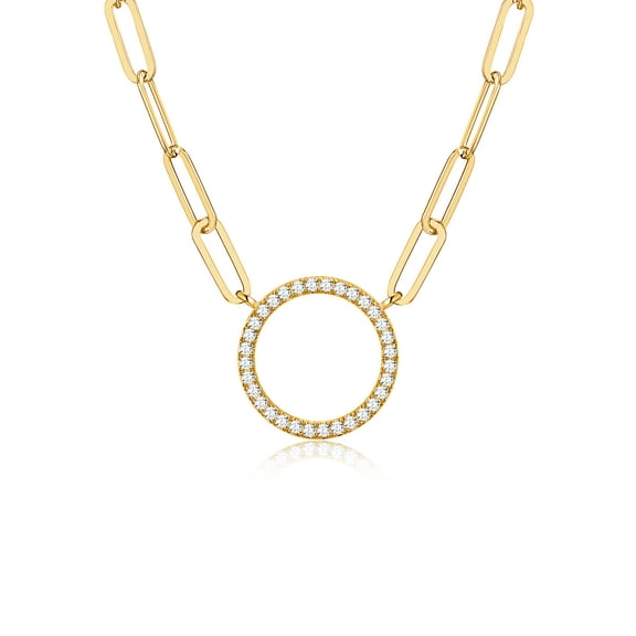 Cubic Zirconia Lined Circle 18K Gold Over Sterling Silver Paperclip Necklace Gift for Her, 18"   2" Extension