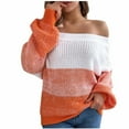 thumbnail image 2 of Zedker Casual V-Neck Long Sleeve Women's Off-Shoulder Color Splicing Knitted Sweaters, Comfy Thermal Pullover Tops for Fall and Winter,Orange,M, 2 of 7