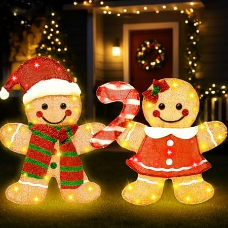 Gingerbread Christmas Decorations Outdoor, 2D Gingerbread Outdoor Decor with 70 LED Lights, Light Up Christmas Decorations for Front Yard, Lawn, Porch$$Garden &