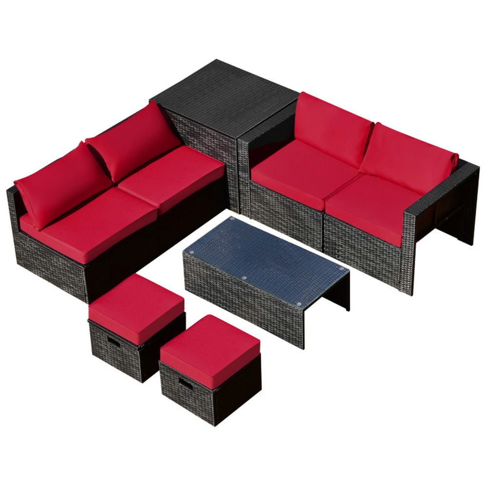 GVN Outdoor Furniture Sets, Outdoor Conversation Set,8 Pieces Patio Rattan Storage Table Furniture Set-Red GVN Outdoor Furniture Sets, Outdoor Conversation Set,8 Pieces Patio Rattan Storage Table Furniture Set-Red
