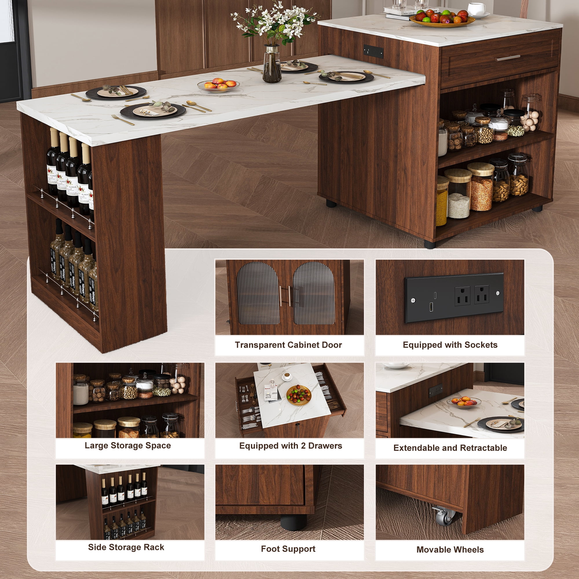 Wohh 80 Inch Extendable Kitchen Island with Marble-patterned Top & Dining Table, Expandable Rolling Cart with Power Outlet, Mobile Storage Cabinet for Small Spaces