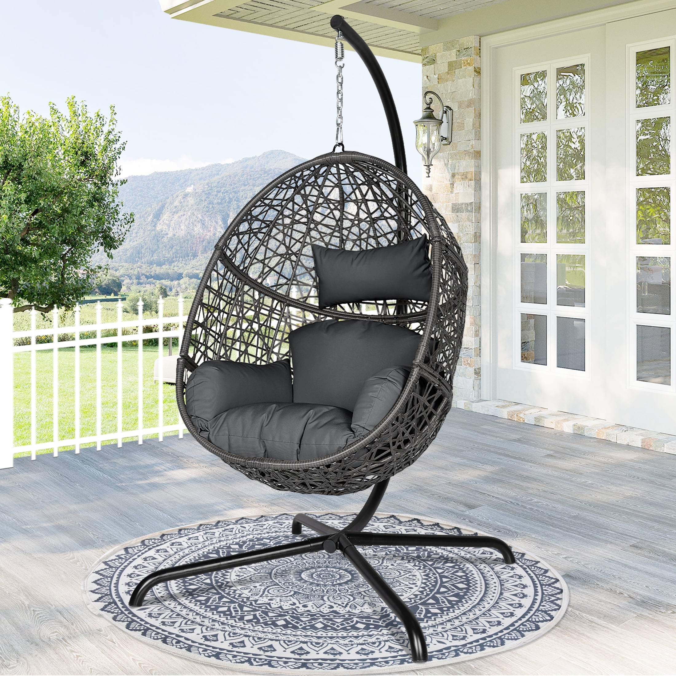 Swing Egg Chair Bird Nest Cage Chair with Stand Comfortable Cushion Indoor Outdoor Rattan Design with Sturdy Metal Frame Water/UV-Resistant 450lbs Capacity Dark Gray