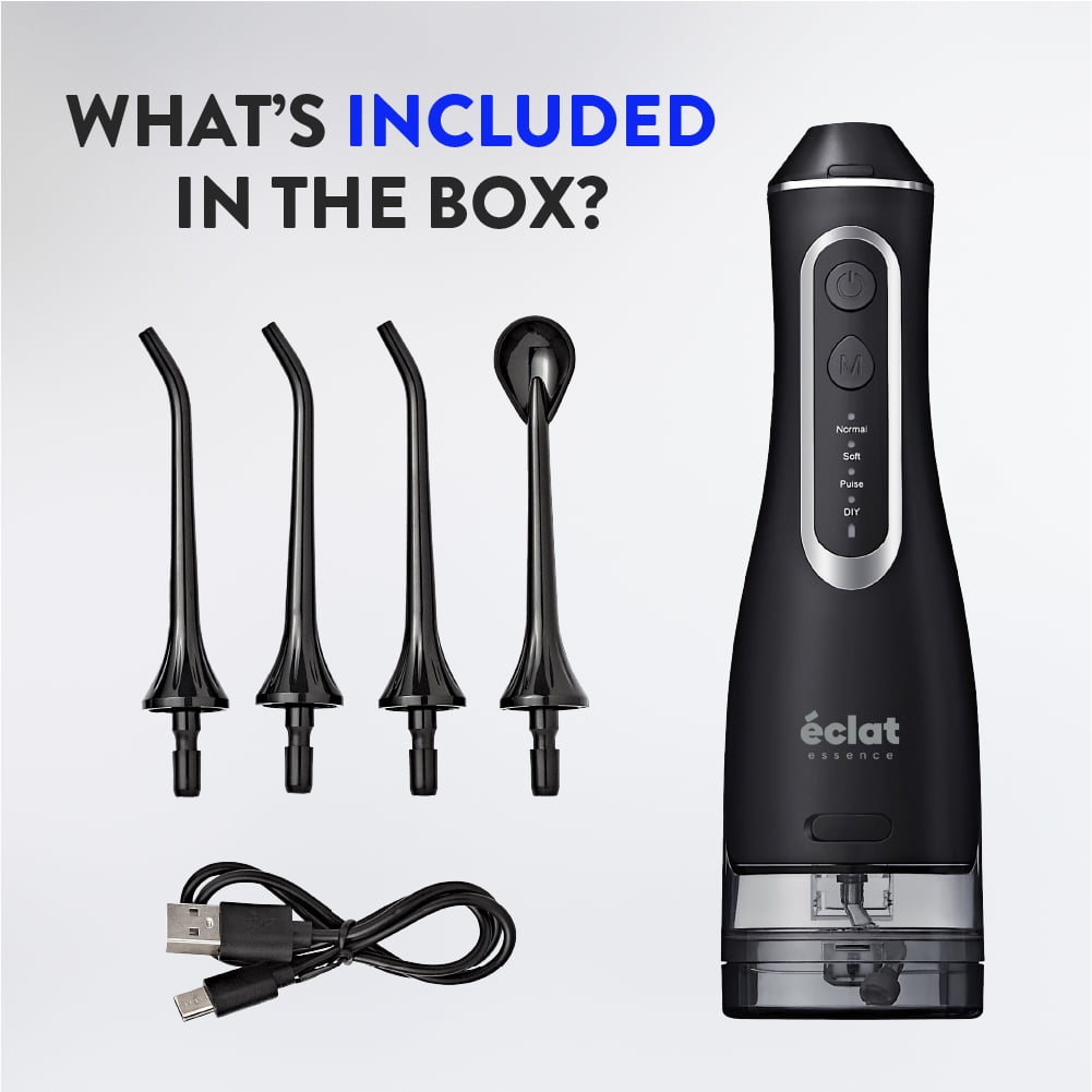 Éclat Portable Electric Waterproof Water Flosser for Deep Teeth Cleaning - 320ML Double Tank, USB-C Rechargable, Long Lasting 30 Day Charge, 4 Accessories Included BPA Free (Black)