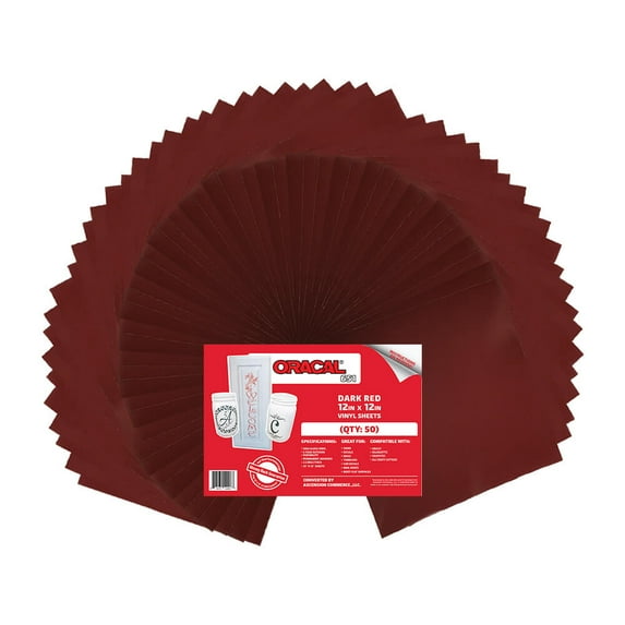 (50) 12" x 12" Sheets - Oracal 651 Dark red Adhesive Craft Vinyl for Cricut, Silhouette, Cameo, Craft Cutters, Printers, and Decals - Matte Finish and Outdoor and Permanent