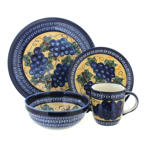 Blue Rose Polish Pottery Grapes 16 Piece Dinner Set with Cobalt Trim