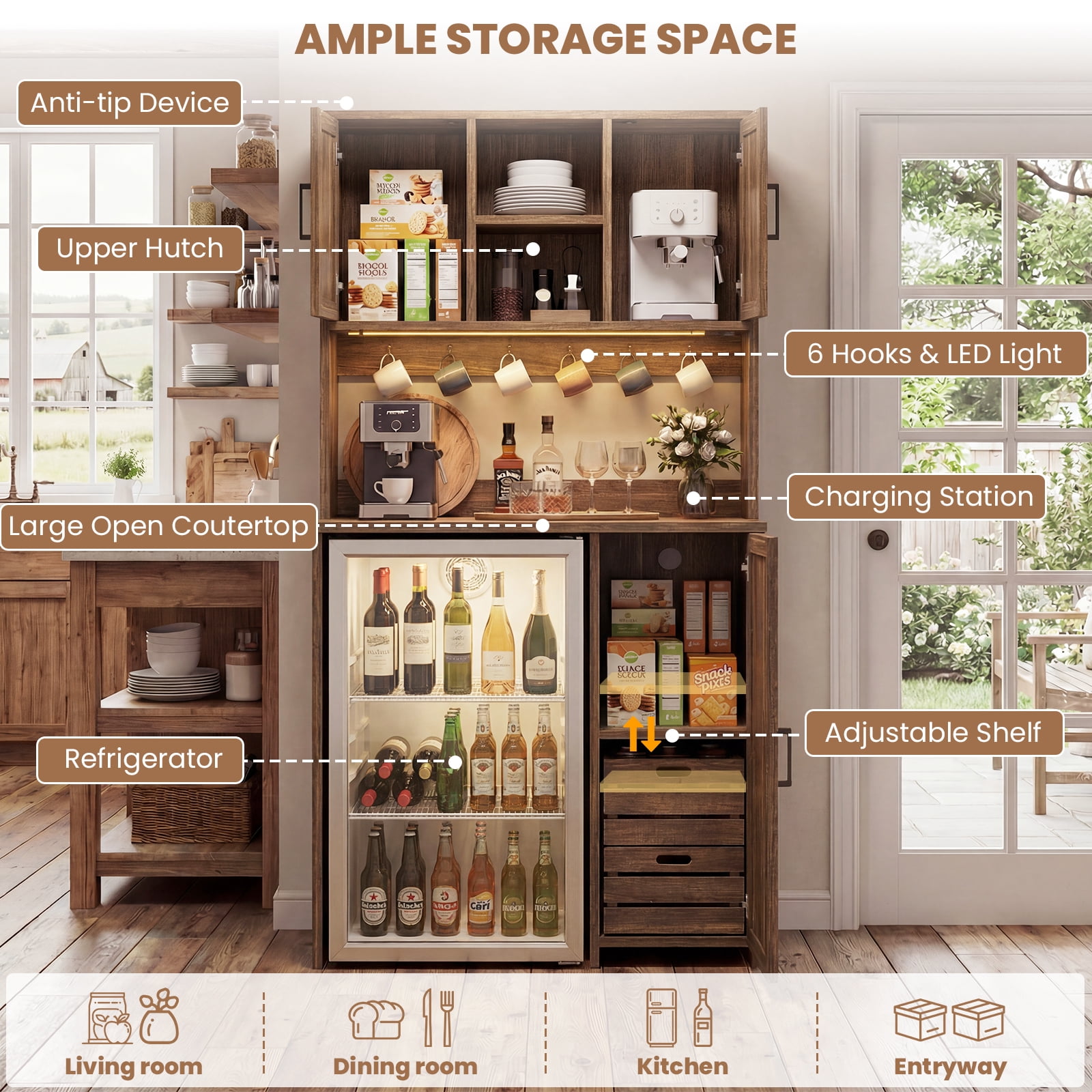 Aheaplus Multifunctional Mini Fridge Cabinet: Coffee Bar, Wine Stand & Beverage Station with Outlet, LED Light & Microwave Shelf, for Kitchen, Dorm, Office,Brown