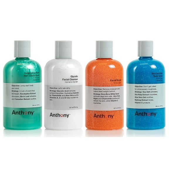 Anthony Glycolic Facial Cleanser 8 Fl Oz, and Anthony Facial Scrub, 8 Fl Oz, Anthony Blue Sea Kelp Body Scrub, 12 Fl Oz, and Anthony Invigorating Rush Hair and Body Wash, 12 Fl Oz.