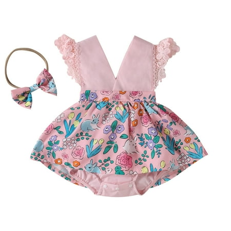 

Baby Girls Floral Autumn Easter Bunny Print Sleeveless Romper Bosyduit Headbands Clothes