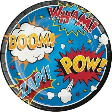 Party Central Club Pack of 96 Blue and Red Superhero Slogans Dessert Round Plates 8.75"