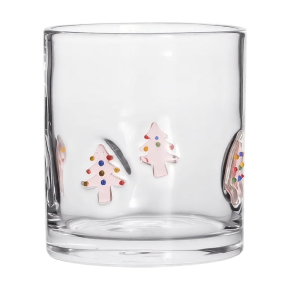 Grbtsrd Glass Cups, Pink Christmas Tree Embossed Clear Glass Tumbler, Hand Painted Colorful Dot Xmas Drinking Cup, Cute Holiday Beverage Mug for Water Juice Cocktail, Home Table Winter Decor Gift