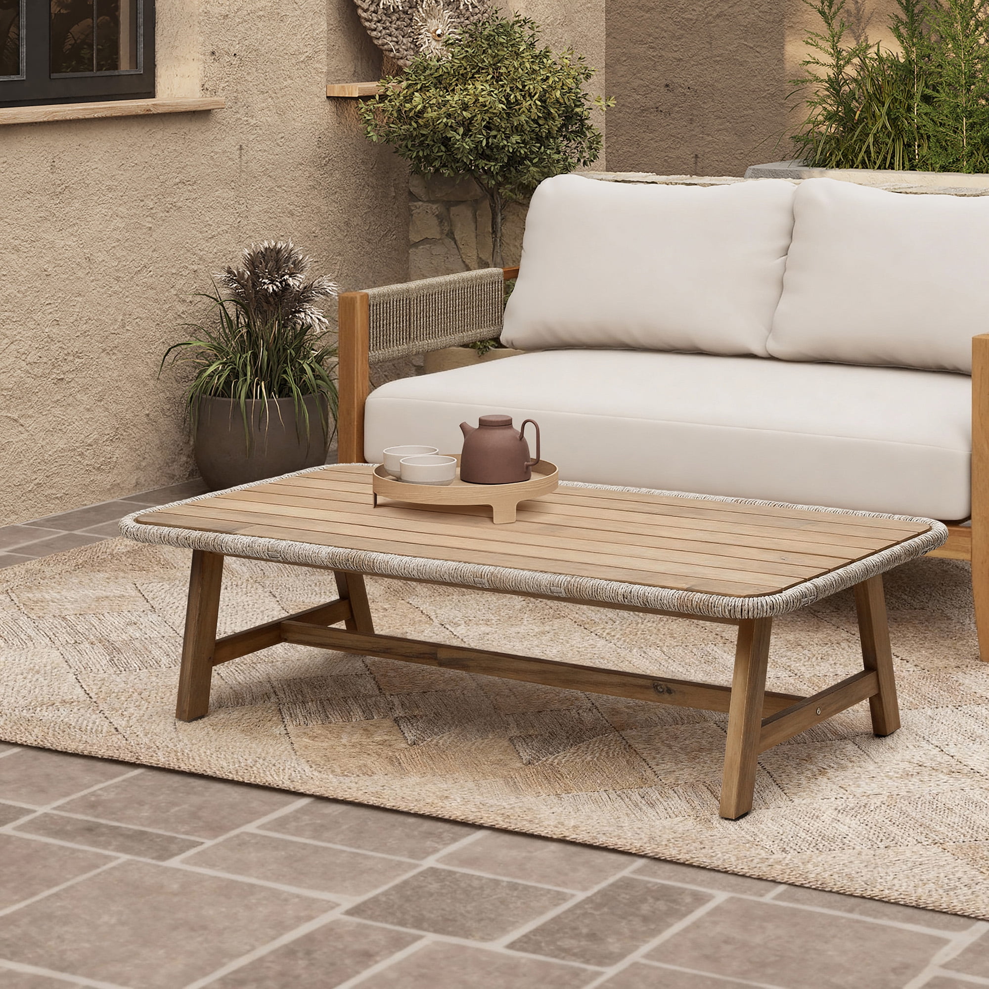 LuxenHome Outdoor Acacia Wood Coffee Table with Woven Wicker Edge, Patio Furniture Accent