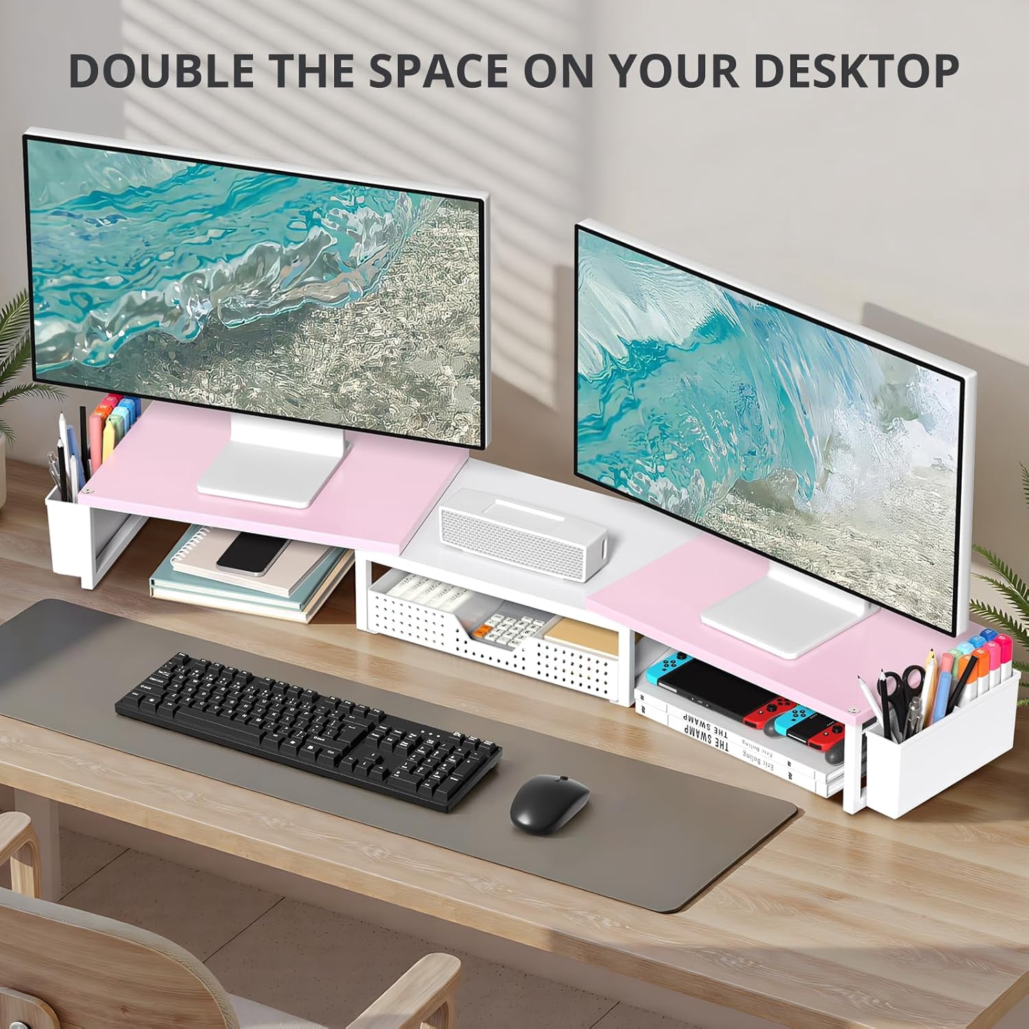 Desk Organizers and Accessories, Dual Monitor Stand Riser with Drawer and 2 Pen Holders, Desk Shelf Wood Computer Racks for Office Workspace Organizers, Desktop Organization (Pink-White Wood)
